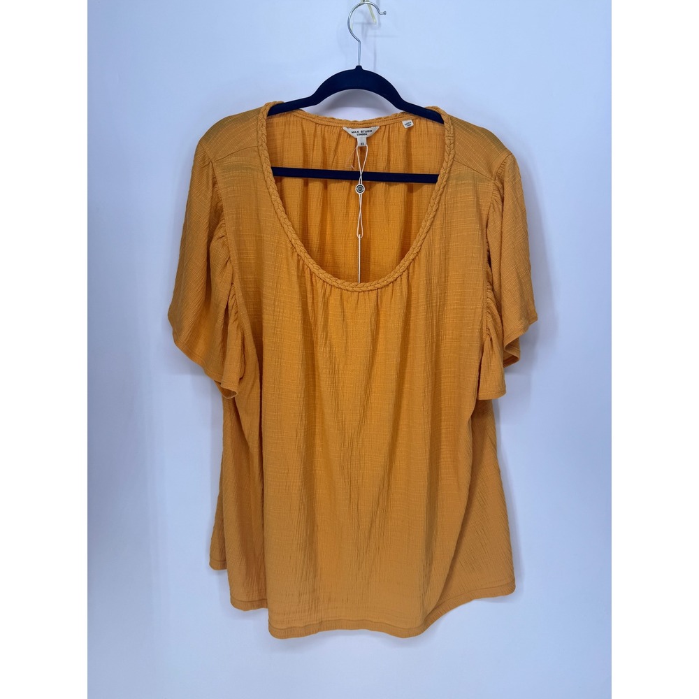 Max Studio Top Women 3X Honey NWT Braided Neck Flutter Sleeve 5W04S76